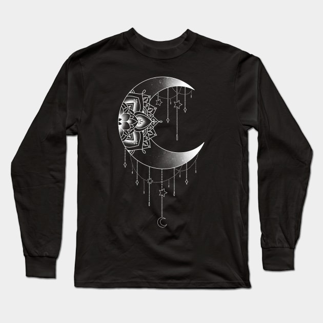 Crescent Moon Mandala Flower Design Long Sleeve T-Shirt by Helena Morpho 